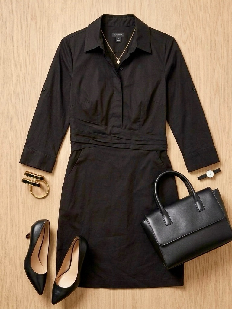 Ann Taylor Black Ruched Waist Shirtdress Size 4 Quiet Luxury Capsule Wardrobe